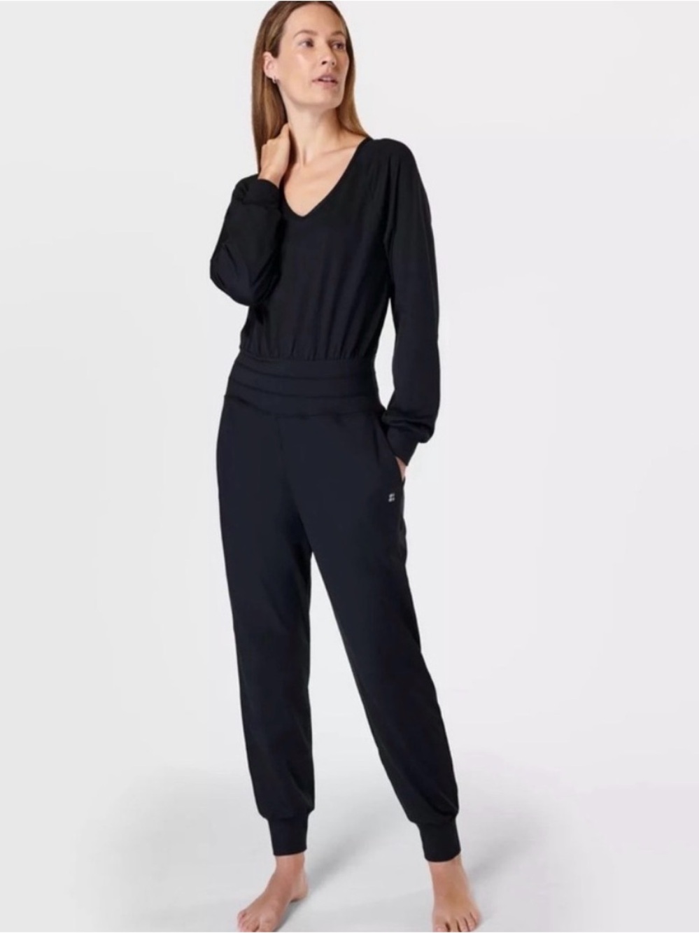 NWT - Sweaty Betty Gaia Black V‑Neck Long‑Sleeve Jumpsuit - size large